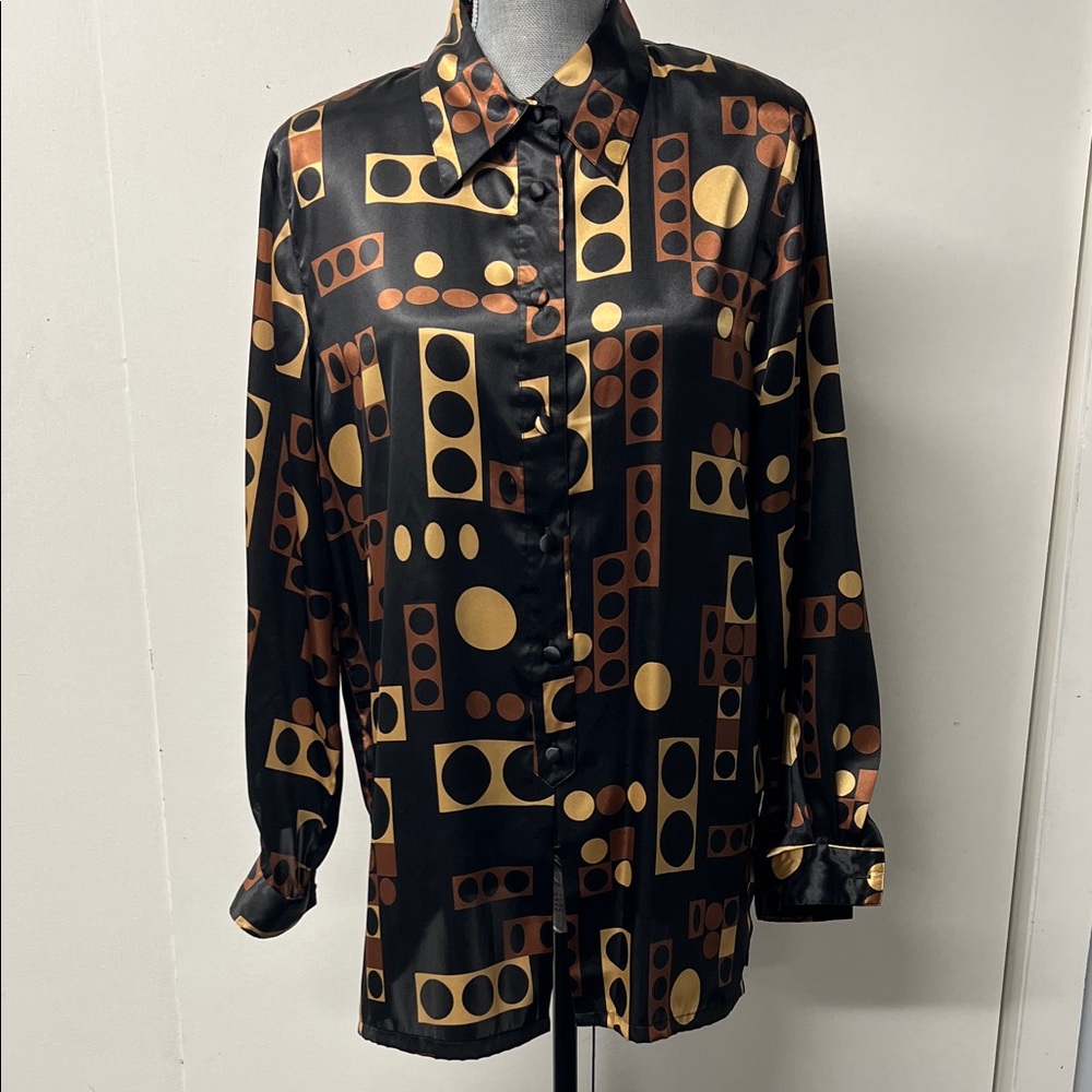 Vintage Geometric Black and Gold Button-Up Shirt
